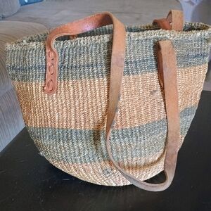 Striped Woven Tote Bag with Leather Straps